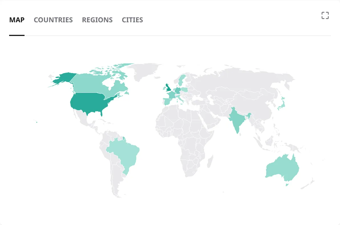 World map shaded by visitor count, darkest in the United States and United Kingdom.